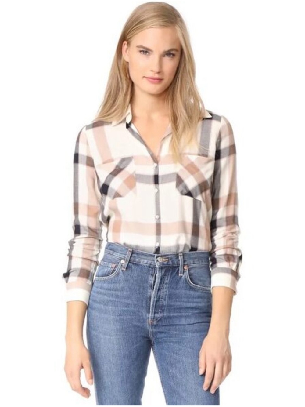 L’Agence Classic Plaid Button-Front Women's Shirt in Brown & Orange. Size XS